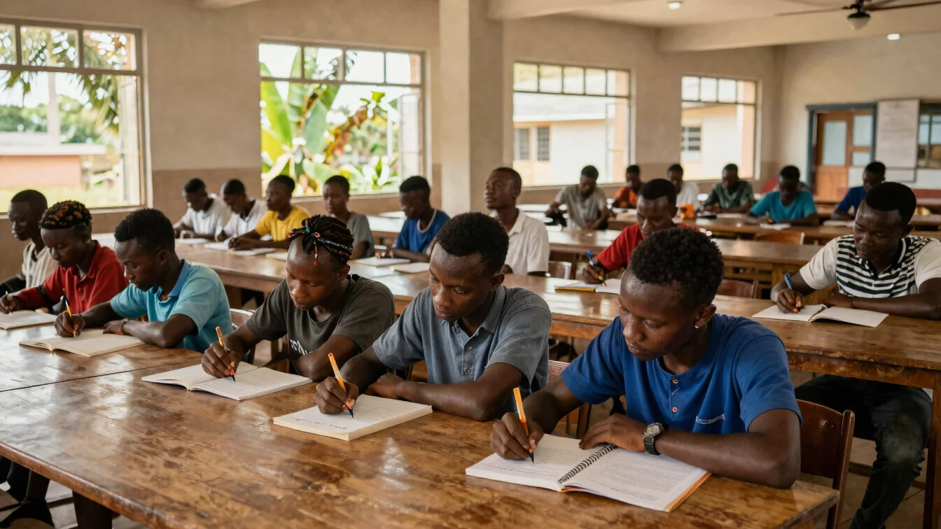 Wide documentary photograph of students studying together at a shared table in a campus study hall in Bandundu, tropical