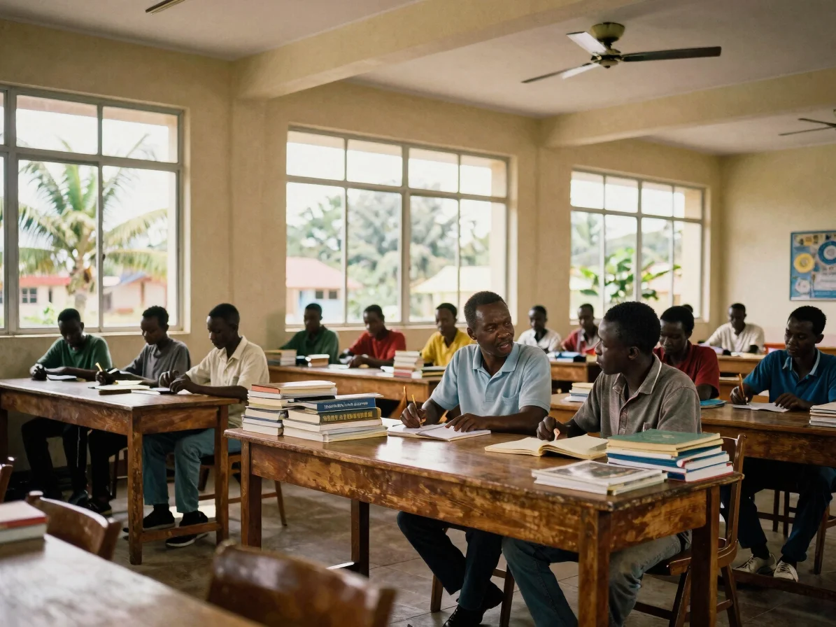 Wide, natural daylight documentary frame of a study room at a university campus in Bandundu, DR Congo, students and a le